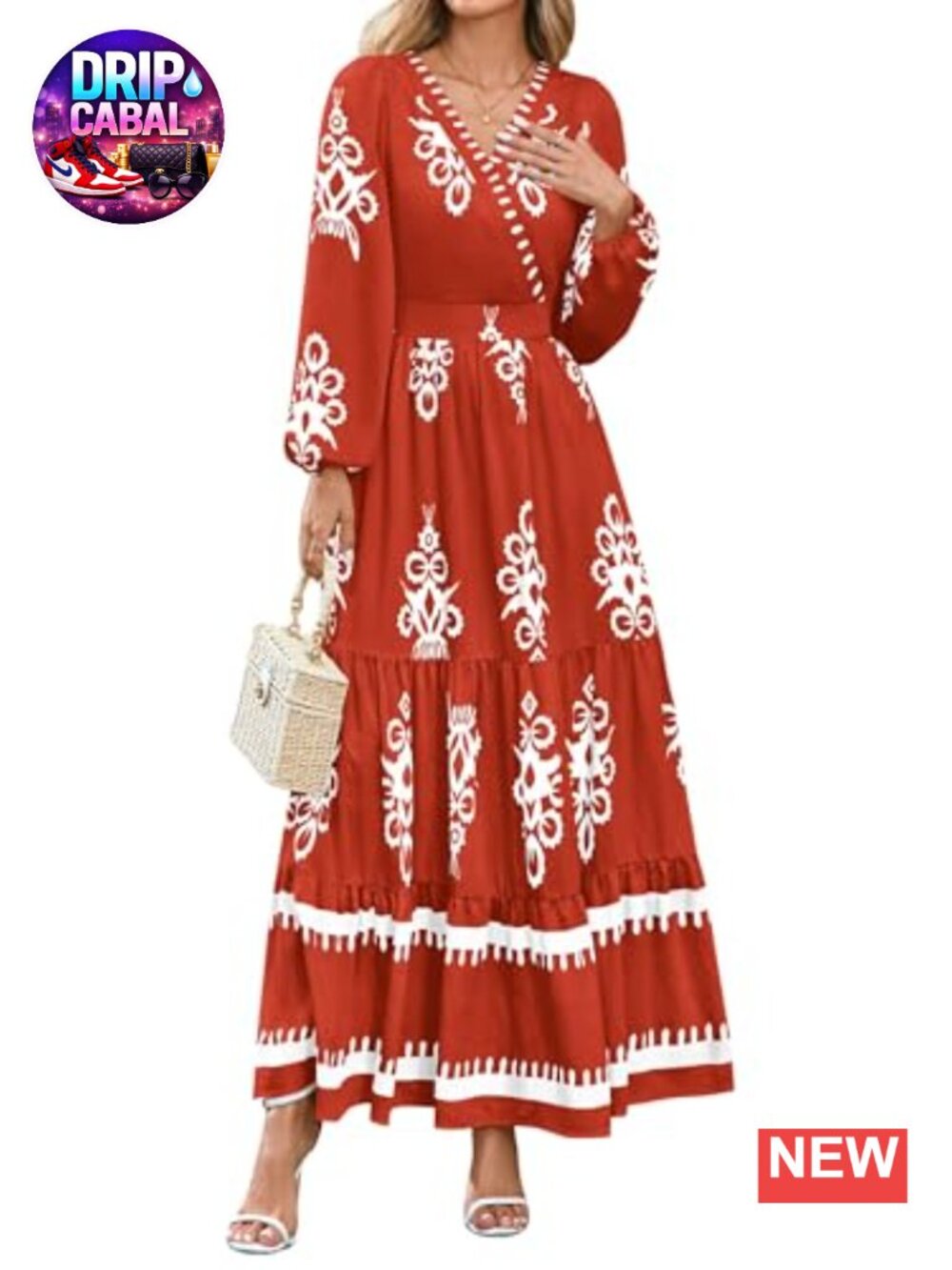 Women's Boho Floral Maxi Dress V-Neck Long Sleeve Tiered Ruffle Smocked A-Line